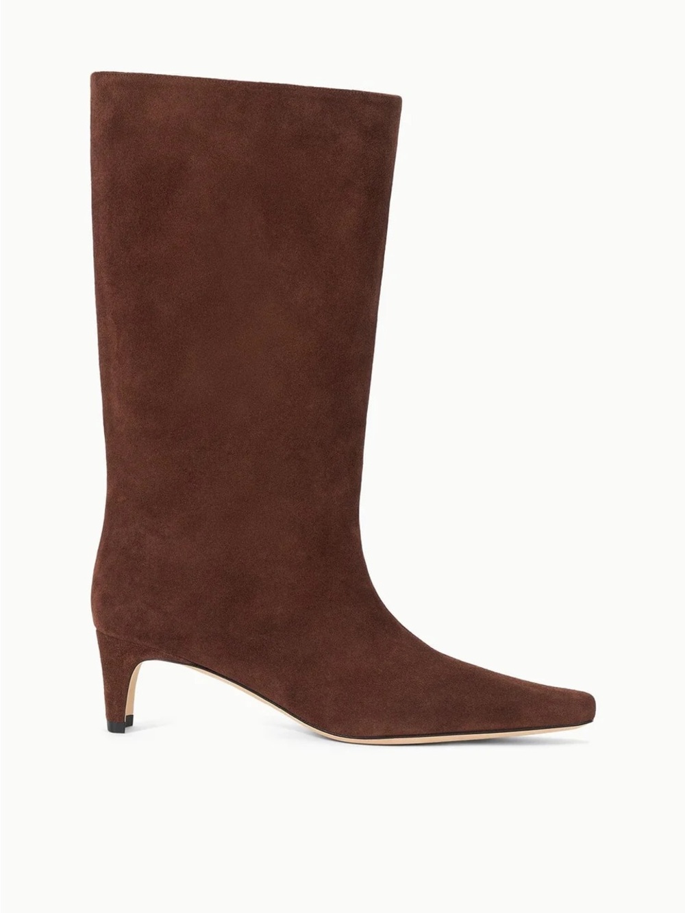 STAUD Brown Mahogany Suede Mid-Calf Kitten Heel Wally Boots